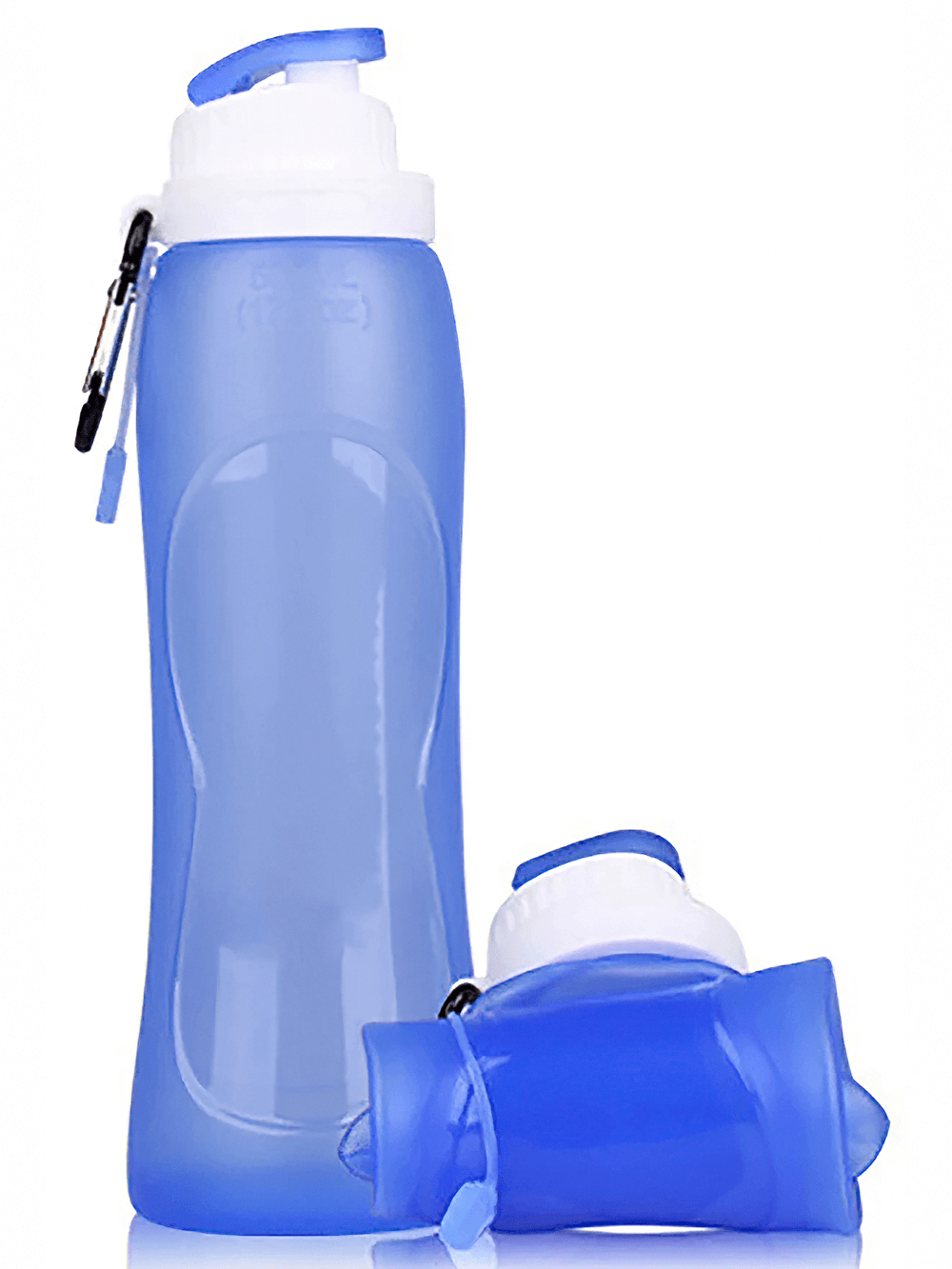 500ml Silicone Foldable Water Bottle for Travel - SF3484, soft blue collapsible sports bottle with carabiner clip for hiking and camping.